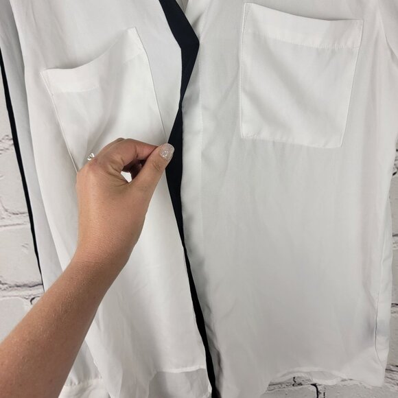 Amanda Green‎ Womens L Black White Long Sleeve Blouse Button Down Dressy Office - Picture 2 of 7